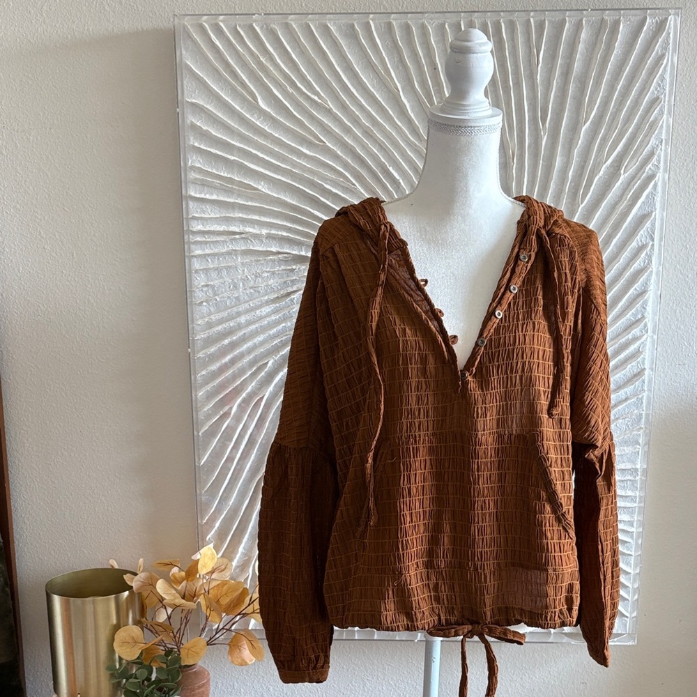 Cinnamon Smocked Button Up Hoodie Top - Picture 12 of 12